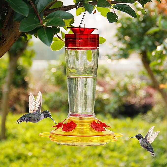 Shrdaepe Hummingbird Feeder, Glass Bottle Bird Feeders, 5 Feeding Ports (Red & Yellow)