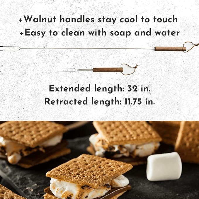 Smores Sticks | Set of 6 Marshmallow Roasting Sticks | Extendable Stainless Steel w/Walnut Handles | Smore Sticks for Marshmallow Sticks for Fire Pit | Smore Sticks for Fire Pit