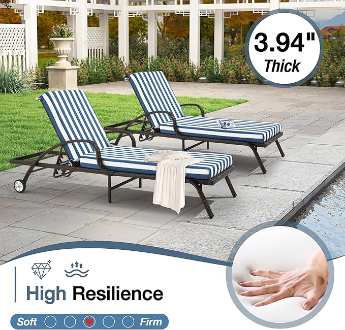HOMREST 73.2x22.8x3.94 inches Lounge Chair Cushion Set of 2,Outdoor Chaise Lounge Cushion with Splash Fade Tear Resistant Fabric,Blue Stripes