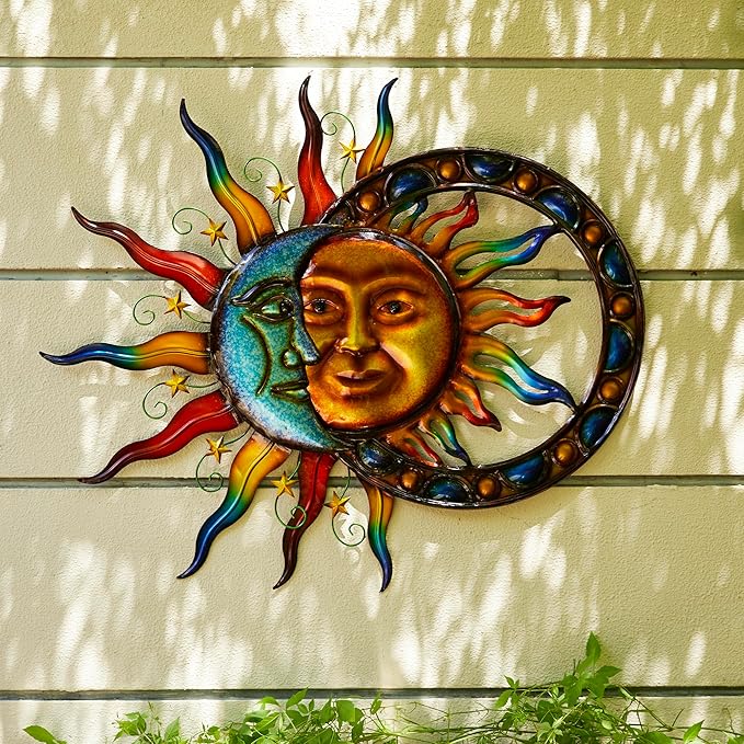 Glitzhome Sun and Moon Wall decor, Metal Stylish and Artistic Sun and Moon Yard Art with Sturdy Powder-Coated Various Color Decorative Garden Sign for Outdoor and Indoor