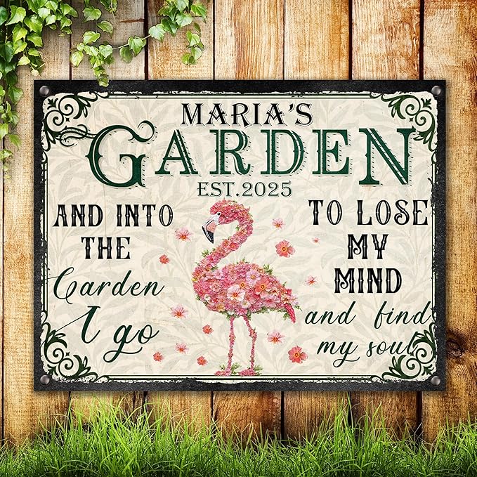 Custom Garden Signs Personalized Metal Tin Sign for Women, Retro Funny Flamingo Metal Sign for Outdoor, Patio, Yard Rustic Home Decor Gift for Mothers Day, Grandmas, and Gardening Lovers
