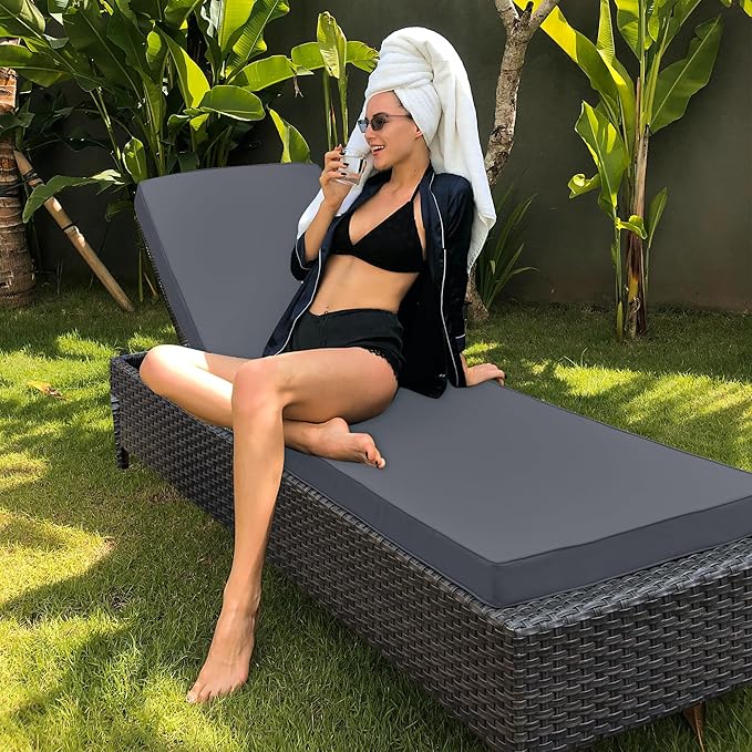 Outdoor Chaise Lounge Cushion Set of 2, Fadesafe Water-Repellent Lounge Deck Reclining Chair Cushions for Patio Furniture Lawn Pool Resort Hotel, 80x26x3 Inch, Dark Grey