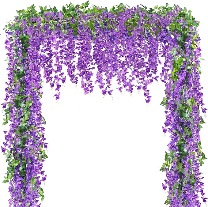 Sggvecsy 6Pcs Wisteria Garland Artificial Flowers Garland Fake Hanging Wisteria Vines Rattan Silk Hanging Flower Vines for Home Garden Outdoor Wedding Arch Party Ceremony Total 35.4Ft (Purple)