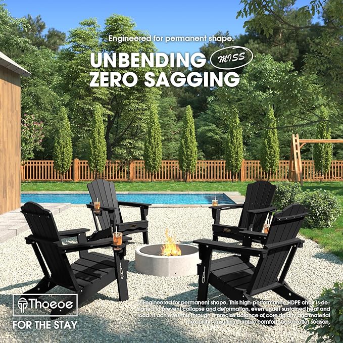 Folding Adirondack Chair,HDPE All-Weather Outdoor Chair with Cup Holder,Wooden Textured,Fire Pit Chair,Plastic Patio Chair for Deck,Backyard,Garden,Lawn(Black)