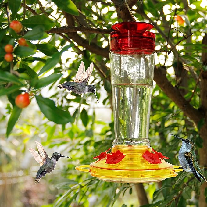 Shrdaepe Hummingbird Feeder, Glass Bottle Bird Feeders, 5 Feeding Ports (Red & Yellow)