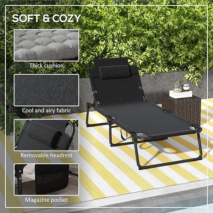 Outsunny Outdoor Chaise Lounge Chair with Removable Cushion and Headrest Pillow, Folding Sun Lounger with Magazine Pocket, 4-Position Backrest, Sun Bathing Chair for Patio, Beach, Gray