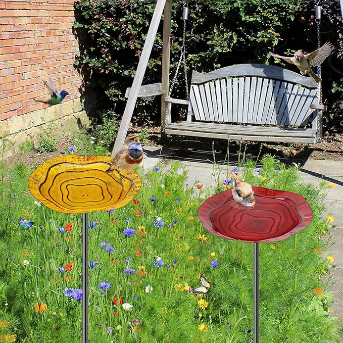 2Pcs Metal Bird Baths for Outside, Hummingbird Small Birdbath Bowl for Outdoors with Metal Stake, Bird Feeder for Garden Yard Lawn Decor (2P-Red&Yellow)