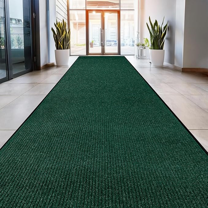 LuxUrux Striped Green Door Mat - Heavy Duty, Indoor/Outdoor, Easy Clean, Waterproof, Low-Profile (4 x 10 Feet) - Ideal for Entry, Patio, Garage - Durable Solution for High Traffic Entrance Ways