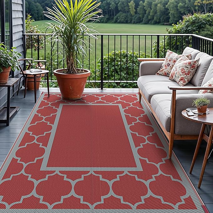 GENIMO 8' x 10' Outdoor Rug Waterproof for Patio Decor, Foldable Reversible Plastic Straw Area Rugs Mat for Camper, Outside Carpet for Rv, Deck, Porch, Picnic, Beach, Balcony, Red & Grey