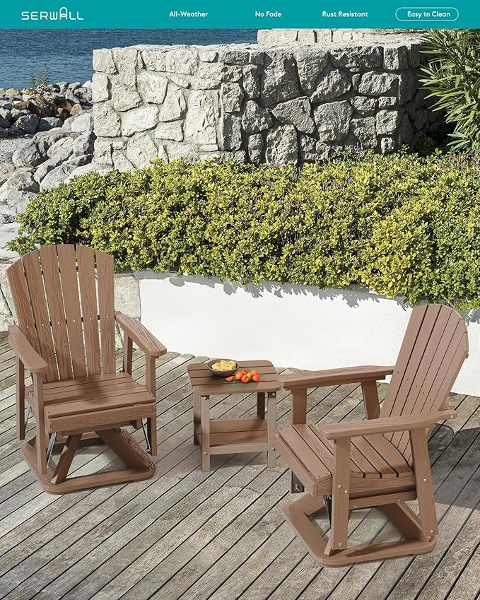 SERWALL Adirondack Swivel Glider, HDPE Glider for Outdoor, All-Weather Glider Rocking Chair for Porch, Balcony, Brown