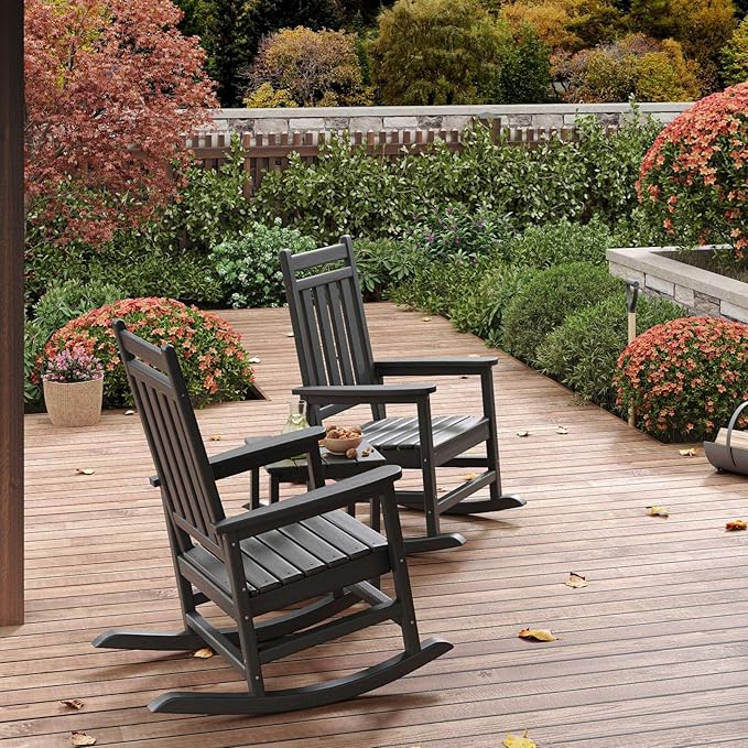 HDPE Rocking Chair Outdoor Set of 4 with 2 Side Table - Poly High Back Porch Rocker Chairs for Adults - All Weather Resistant Furniture for Patio Front Porch - Black