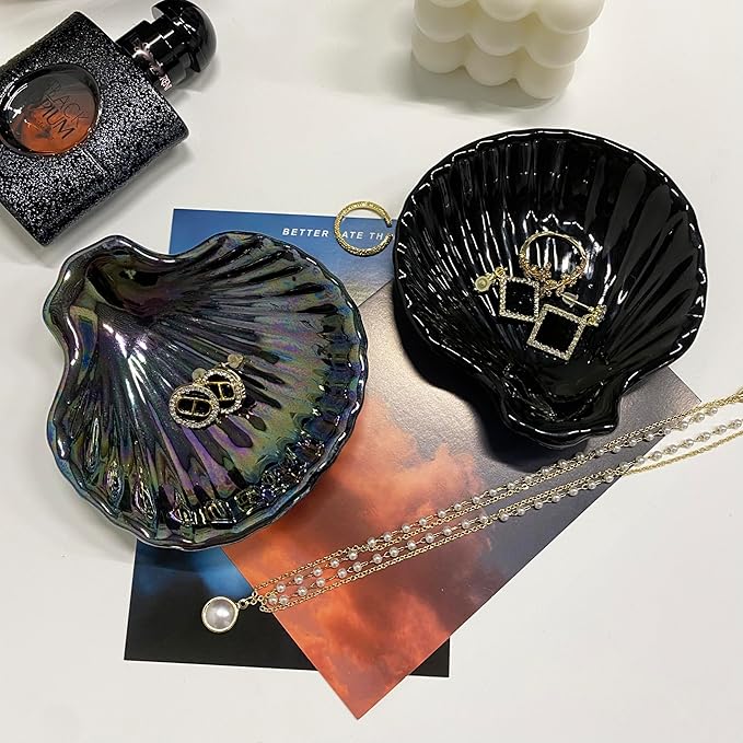 Shell Jewelry Dish Tray, Ceramic Trinket Tray Clamshell Jewelry Organizer Dish, Ring Holder Dish Room Decor, Mother's Day Valentine's Friendship Christmas Birthday Gifts for Women (Multicolor Black)