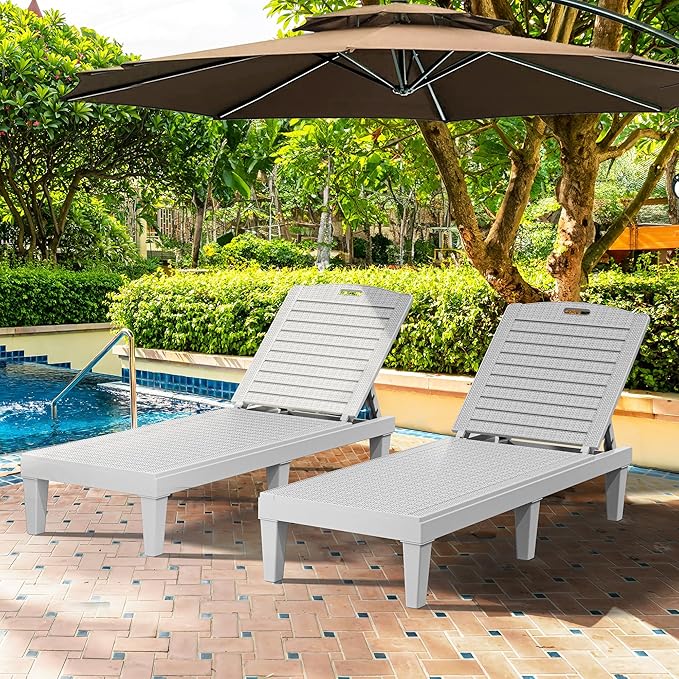YITAHOME Outdoor Chaise Lounge Chair, Plastic Pool Chaise Lounge with 5-Position Backrest, Easy Assembly & Waterproof for Patio & Poolside, Set of 2, Grayish-White