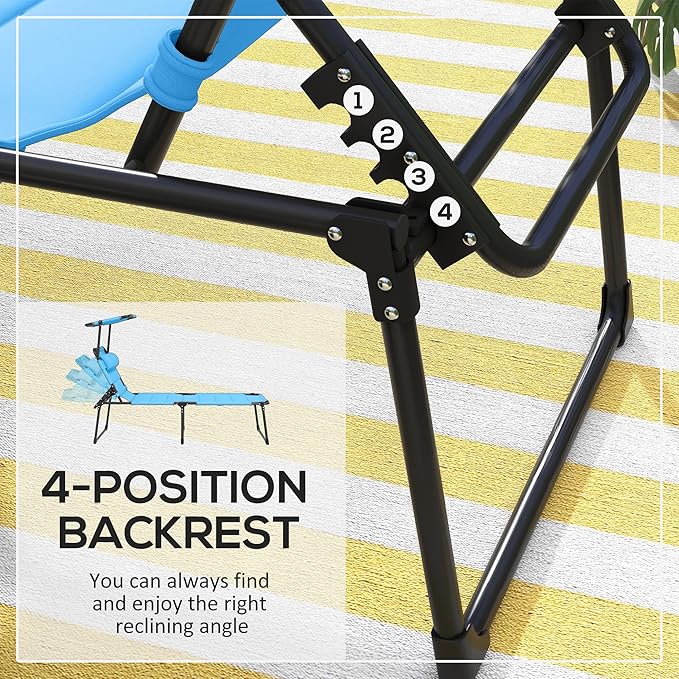 Outsunny Outdoor Lounge Chair, Adjustable Backrest Folding Chaise Lounge, Cushioned Tanning Chair with Sunshade Roof & Pillow Headrest for Beach, Camping, Hiking, Light Blue