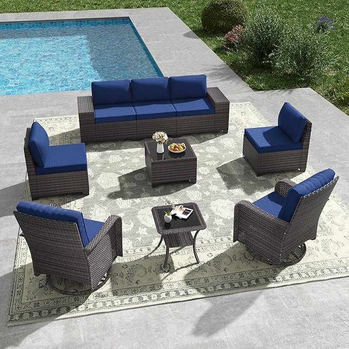 Kullavik 9 Pieces Outdoor Patio Furniture Set,PE Wicker Rattan Sectional Sofa Patio Conversation Sets with Tempered Glass Table,Swivel Rocking Chairs Set,Navy Blue