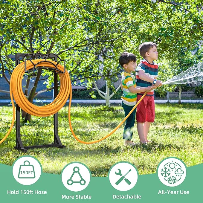 Garden Hose Holder Reel, Upgraded Metal Hose Reels Holds 150ft Hose, Heavy Duty Freestanding Water Hose Holders, Detachable Hose Storage Hanger for Outside - Fan-Shaped