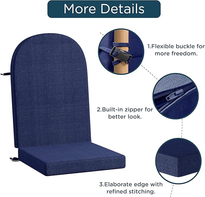 Codi Adirondack Chair Cushion – Outdoor Rocking Seat Cushions for Patio & Porch, Fade Resistant Waterproof Fabric with Ties, Navy Blue