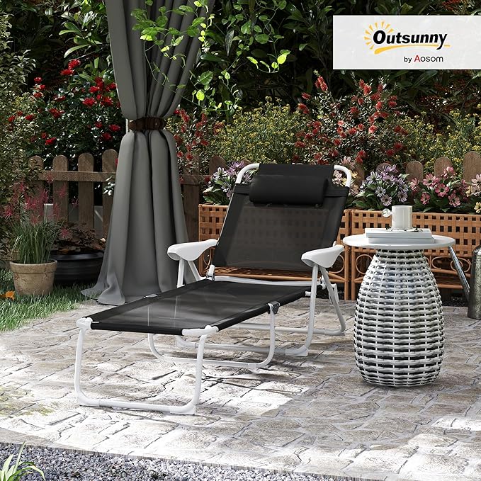 Outsunny Folding Lounge Chair, Portable Outdoor Chaise Lounge, Sun Tanning Chair with 4-Position Reclining Back, Armrests, Metal Frame and Mesh Fabric for Beach, Yard, Patio, Black