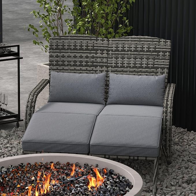 Outsunny Wicker Adirondack Chair for 2 with Cushions & Footrests, PE Rattan Double Chaise Lounge Chair, Fire Pit Chair for Porch with High-Back, Wide Armrests, Mixed Gray