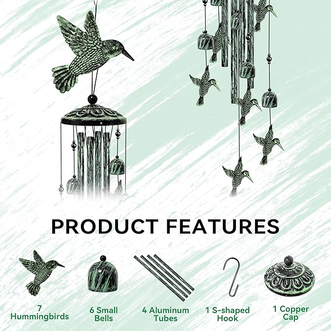 Hummingbird Wind Chimes for Outside, Decorative Wind Chimes Hummingbird Gifts for Women/Men, Memorial/Birthday Gifts, Garden Decor for Outside, Patio or Yard, Durable Chimes for Outdoors