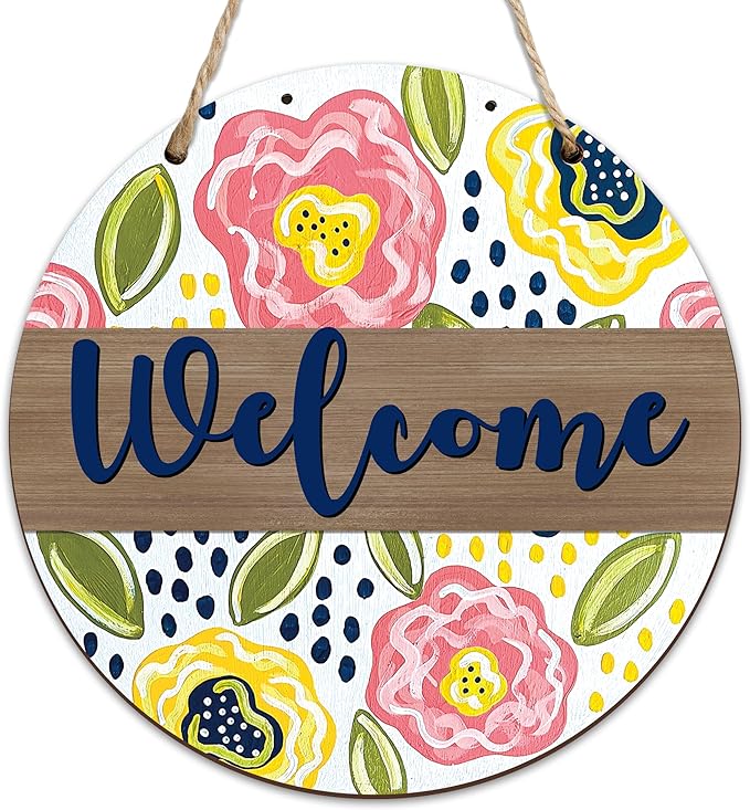 Spring Hanging Decor For Front Door, Colorful Floral Welcome Spring Round Sign Decor For Farmhouse Home Yard Porch, Hello Spring Decorations, Spring Wall Plaque Gifts For Friends Family -07