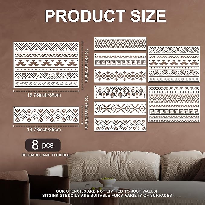Sistink Reusable Aztec Stencils for Painting - 8 Pcs Tribal Stencils for Crafts Reusable, Boho Corner Stencil for Painting, DIY Aztec Templates on Wood Cabinets Wall Decor