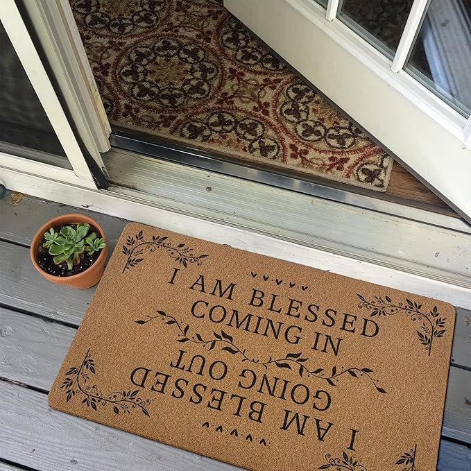 Farmhouse Christian Door Mat, I Am Blessed Coming in Going Out Welcome Front Door Mat Indoor Outdoor Entrance, Bible Verse Artificial Coir Doormats Rugs for Porch Patio Entryway Decor 30x17in