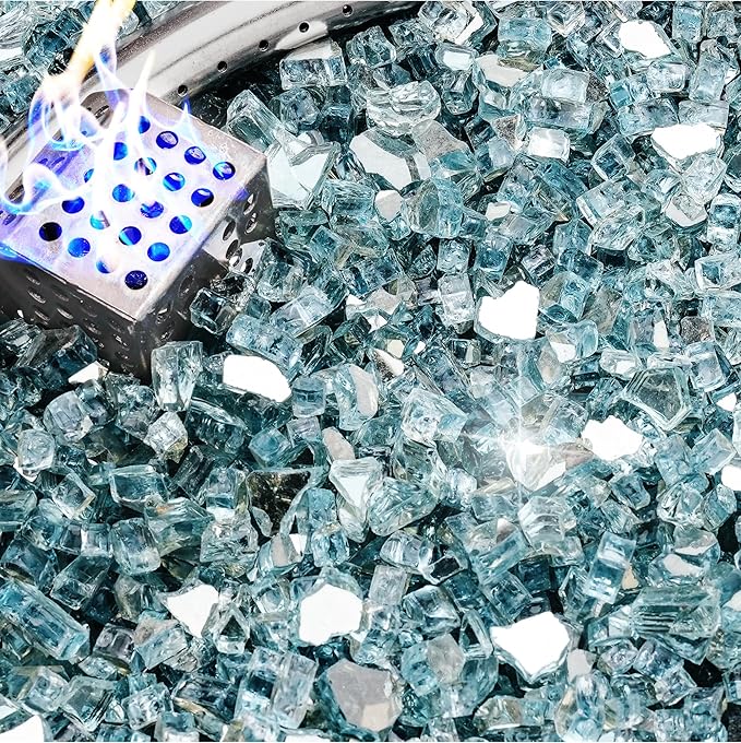 NUPICK 10 Pound Fire Glass, 1/4 Inch Reflective Fire Pit Glass, Tempered Firepit Glass Rock for Propane or Natural Gas, Glass Rocks for Fire Pit Table, Fireplace Glass for Landscaping, Aqua Blue