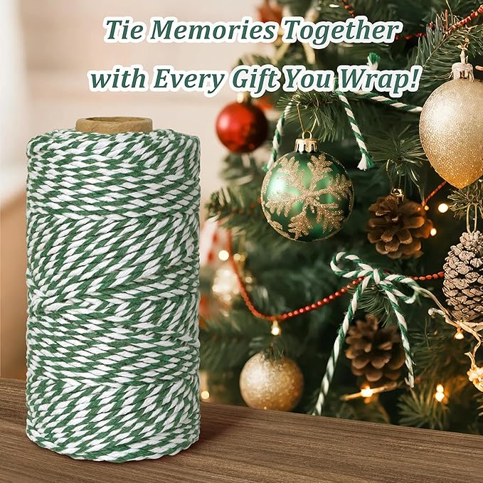 Cotton Twine String, 328 Feet Green & White - Christmas Twine for Gift Wrapping, Crafts, Baking, Butchers, Holiday Decorations, DIY, Kitchen & Gardening