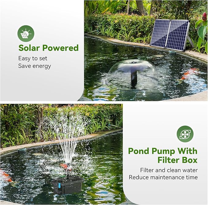NFESOLAR 50W Solar Pond Filter Fountain, 580 GPH Water Pump, 10 FT Extension Cord, Solar Fountain Pump with Pond Filter Box Outdoor for Koi Ponds Water Feature