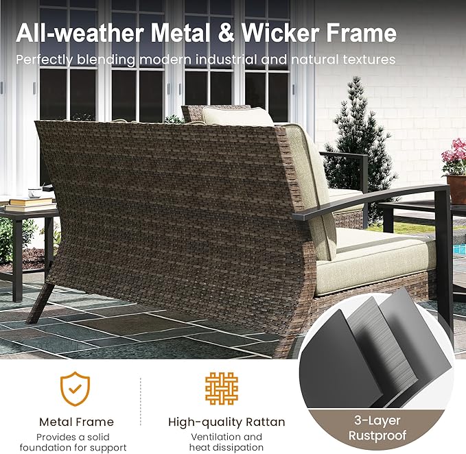 Green4ever Patio Sofa with Coffee Table, Wicker Outdoor Couch with Cushions for Pool, Porch, Beige
