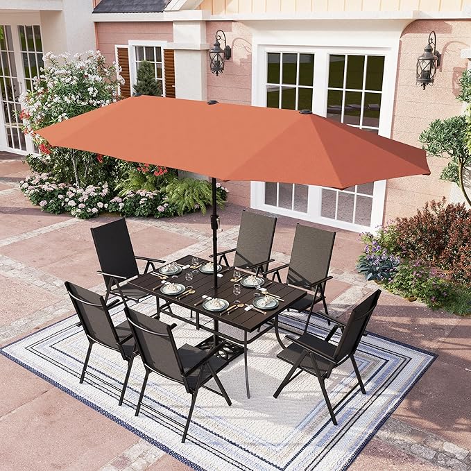 PHI VILLA Outdoor Patio Dining Set with Umbrella for 6, Large Rectangle Patio Table and Chairs Set with 6 Adjustable Folding Patio Sling Chairs(Black) & Red Patio Umbrella for Outside, Deck and Yard