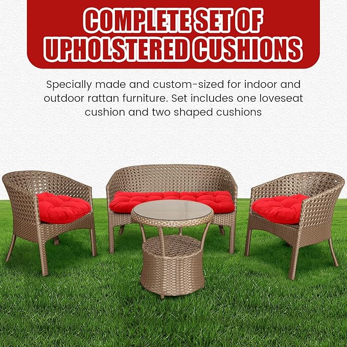 Barydat 3 Pack Wicker Furniture Cushions Waterproof Outdoor/Indoor Tufted Wicker Chair Cushions 1 Loveseat and 2 U-Shape Rattan Chairs for Patio Furniture, Rattan Love Seat, Bench(Red)