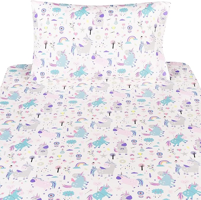 Scientific Sleep Cute Unicorn Flower Rainbow 100% Cotton Cozy Twin Bed Sheet Set, Flat Sheet & Fitted Sheet & Pillowcase Natural Bedding Set (Unicorn, Twin)