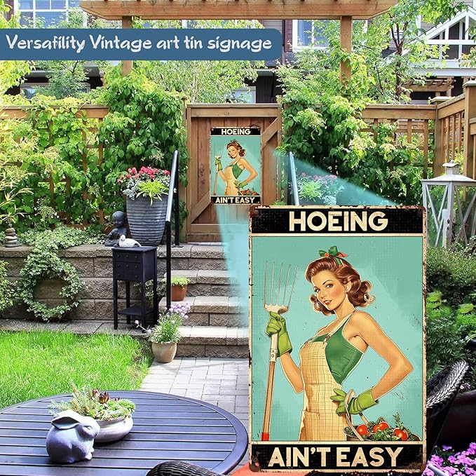 Funny Garden Metal Sign - "Hoeing Ain't Easy" - 8x12 Inch Rust Resistant Aluminum Wall Decor - Rustic Farmhouse Art for Vegetable Patch, Potting Shed, or Fence