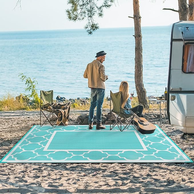 GENIMO 9 ' x 12 ' Outdoor Rug for Patio Clearance, Waterproof Indoor Outdoor Plastic Straw Rugs Carpet, Reversible Outside Area Mat for Camping, Balcony Porch, Deck, Picnic, Beach Aqua Blue & White