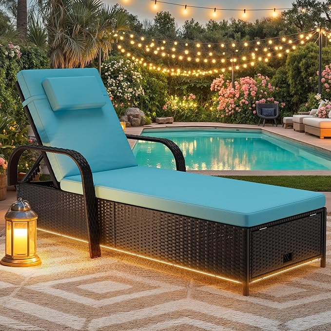 DWVO LED Outdoor Lounge Chairs, Patio Wicker Chaise Lounge Chair with LED Lights & 5-Level Backrest, Wheels and Storage for Deck, Pool, Backyard, Black & Blue