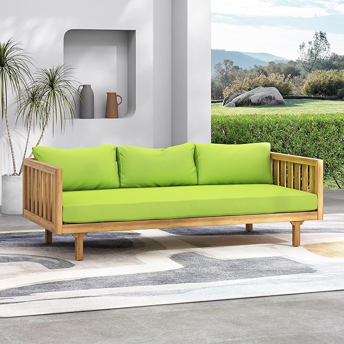LUMISOL Outdoor Acacia Wood Daybed, Patio 3-Seater Sofa with Water-Resistant Cushions, Patio Conversation Set Outdoor Daybed with Wooden Armrests for Backyard, Deck, Poolside, Teak Green