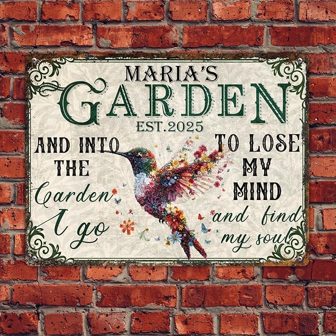 Custom Garden Signs Personalized Metal Tin Sign for Women, Retro Funny Hummingbird Metal Sign for Outdoor, Patio, Yard Rustic Home Decor Gift for Mothers Day, Grandmas, and Gardening Lovers