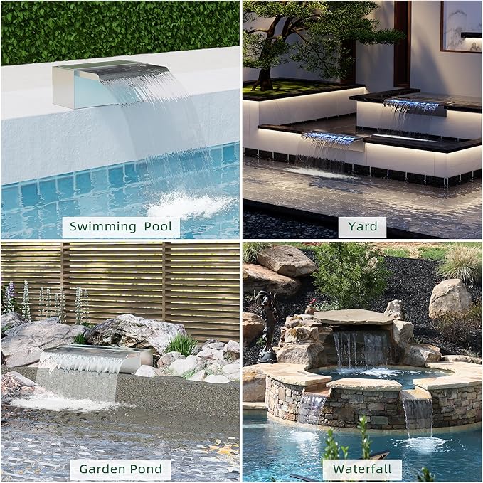 Longrun Pond Waterfall Box with Pump Kit, 304 Stainless Steel Pond Spillway with 396 GPH 1500L/H Pump for Ponds, Pond Spillway Color-Changing LED Light Strip for Garden Waterfall (9.06")