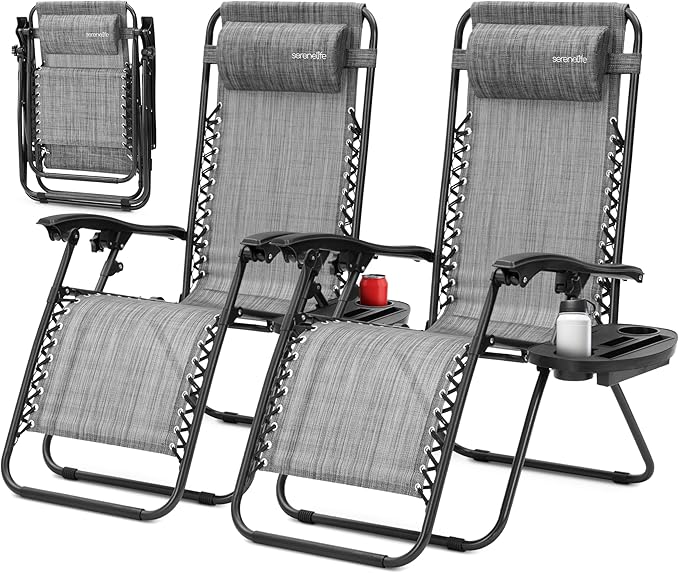 SereneLife Zero Gravity Lounge Chairs Set of 2, Adjustable Outdoor Recliner Chairs with Lockable Positions, Side Table Cup Holders, Padded Headrest Pillows, Foldable Steel Frame Patio Chairs (Gray)