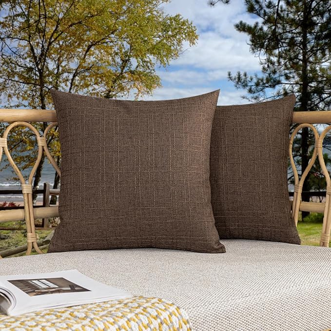 Kevin Textile Pack of 2 Outdoor Waterproof Pillow Covers Checkered Decorative Cushions Sham Throw Pillowcases Shell for Patio Tent Garden Couch Bed Sofa 22x22 Inch Brown
