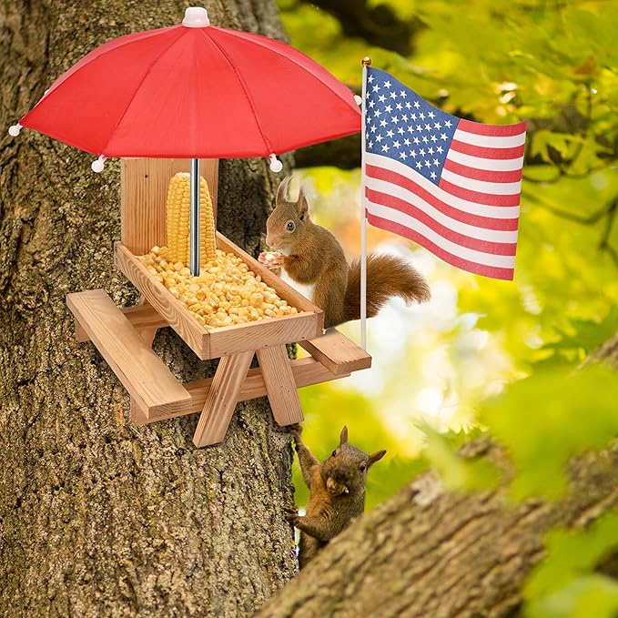 Squirrel Feeder Picnic Table with Umbrella, Large Size Wooden Squirrel Feeder for Outside with Corn Cob Holder for Yard and Porch Decoration, Easy to Fill Peanuts in Shell and Nuts