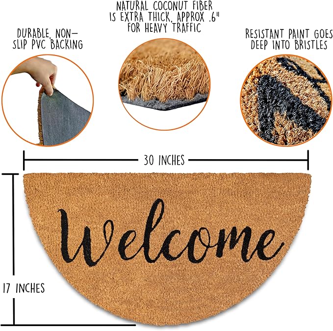 MAINEVENT Welcome Half Circle Door Mat Outdoor 30x17 Inch, Half Circle Outdoor Mat for Covered Porch Patio, Half Round Door Mat w/Anti-Slip PVC Backing