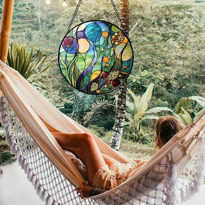 Stained Glass Window Hanging Blue Ocean Water Plants Flower Large 11.8" - Suncatcher Door Garden Sun Catcher Home Decor Birthday Christmas for Mom Men Woman Nana Friend
