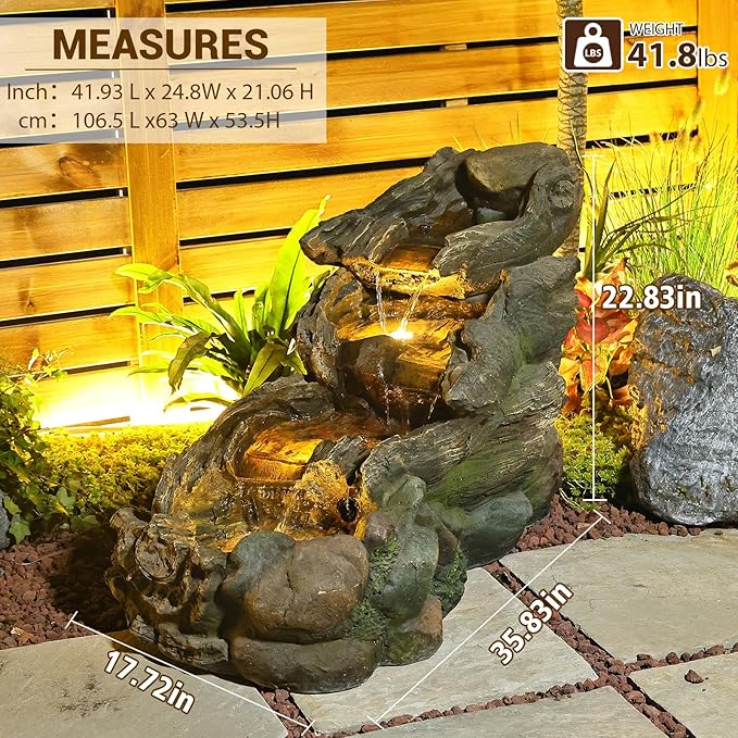 37" L Outdoor Water Fountain with 3 Tiers Cascading Realistic Tree Trunk Waterfall Fountains with LED Lights Outdoor Water Fountain for Garden Patio Backyard Porch Home Decor