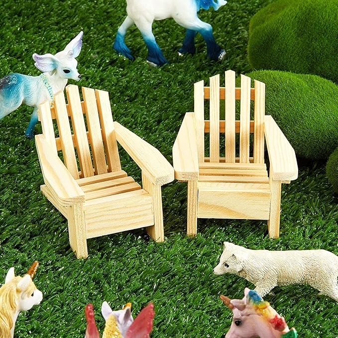 Sumind 4 Pieces Wood Adirondack Style Miniature Chair Doll House Wooden Dollhouse Model Chairs for Dollhouse Accessories Furniture Christmas Decoration