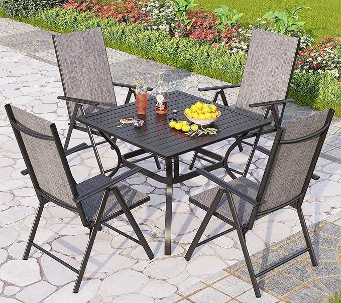 PHI VILLA 5-Piece Outdoor Dining Set for 4, All-Weather Grey Patio Furniture Set with Adjustable Folding Chairs & Square Metal Steel Table - Lightweight Portable Backyard Garden Set