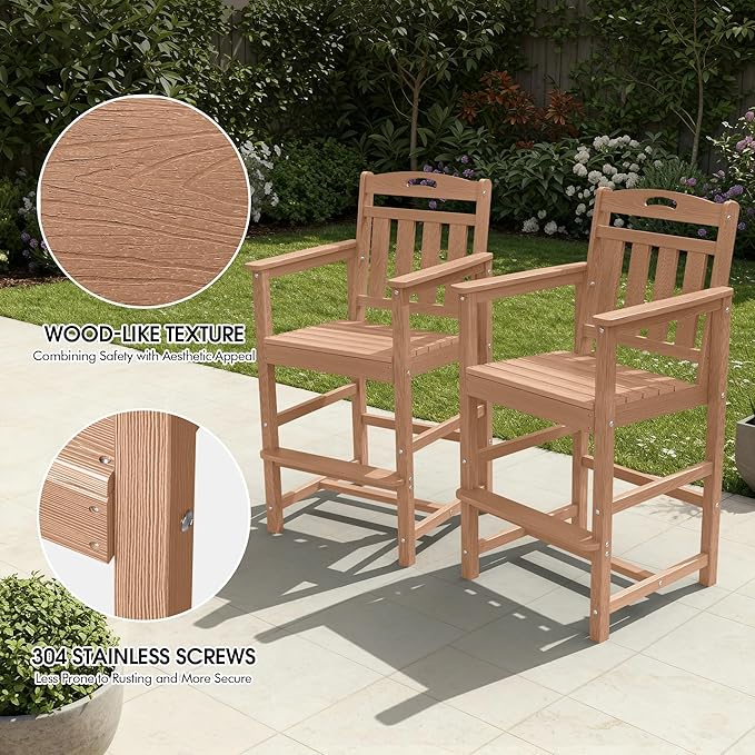 Ciokea Heavy Duty Bar Height Chair, 380lbs Outdoor Adirondack Tall Bar Chair Patio Stool with Arms & High Back, Heavy Duty All-Weather for Balcony, Poolside, Deck and Garden, Teak