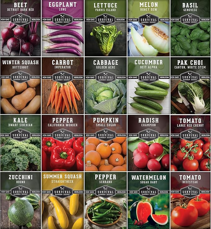 Vegetable Garden Starter Kit – 20 Variety Heirloom Non-GMO Seeds for Planting | Giftable Family Garden Kit for Beginner Victory Gardens – Start Growing Indoors or Outdoors – Survival Garden Seeds